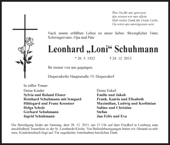 Traueranzeige von Leonhard Schuhmann von Pegnitz-Zeitung